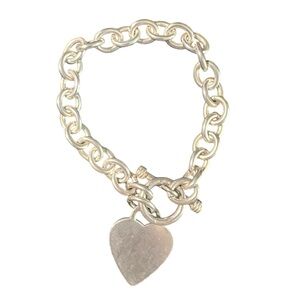 Sterling Toggle Charm Bracelet with Heart Dangle Signed by artist